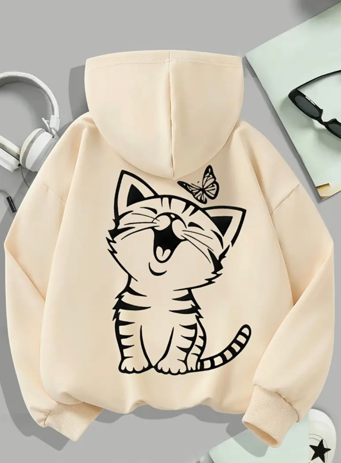 Punix Punıx Büyük Beden Özel Üretim Kapüşonlu Minnoşun Kelebeği Sırt Baskılı Oversize Kadın Sweatshırt