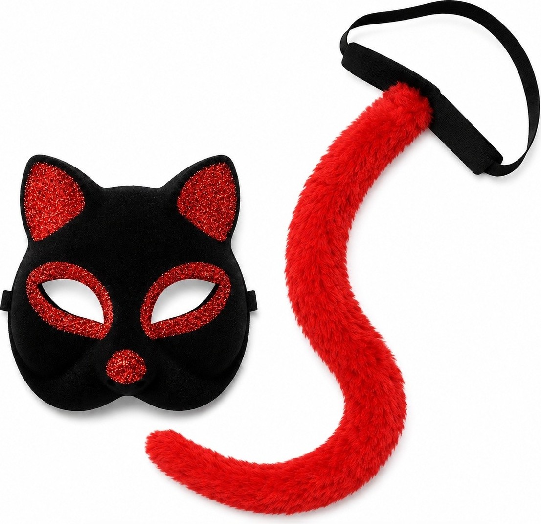 Die Grup Kırmızı Kedi Maske ve Kuyruk Seti Parti Kostüm Aksesuarı