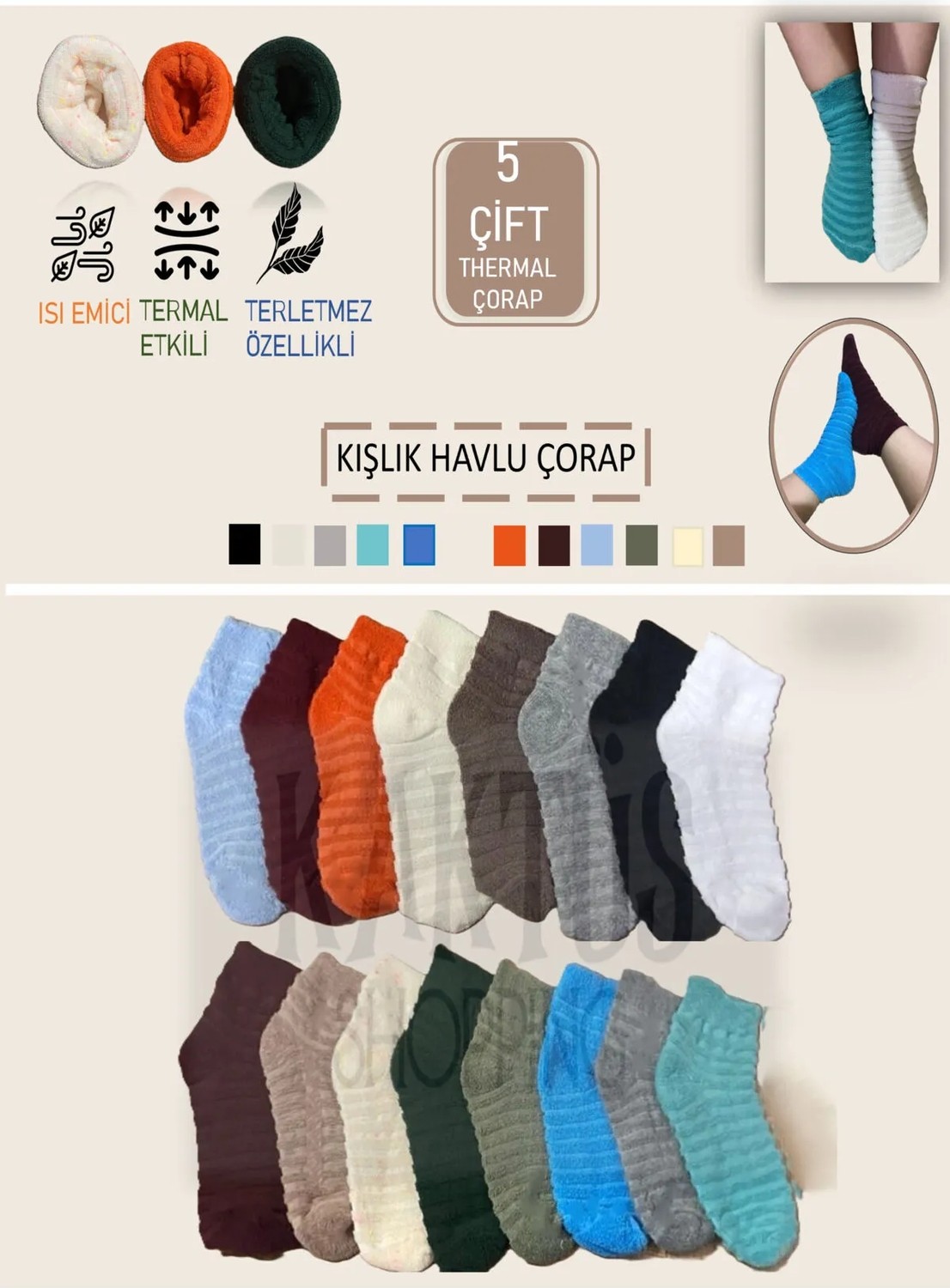 Yasyas Termal Özellikli Çok Renkli Soket Çorap 5 Çift Pamuk / Elastan Malzeme ile Isı Emici görsel 6