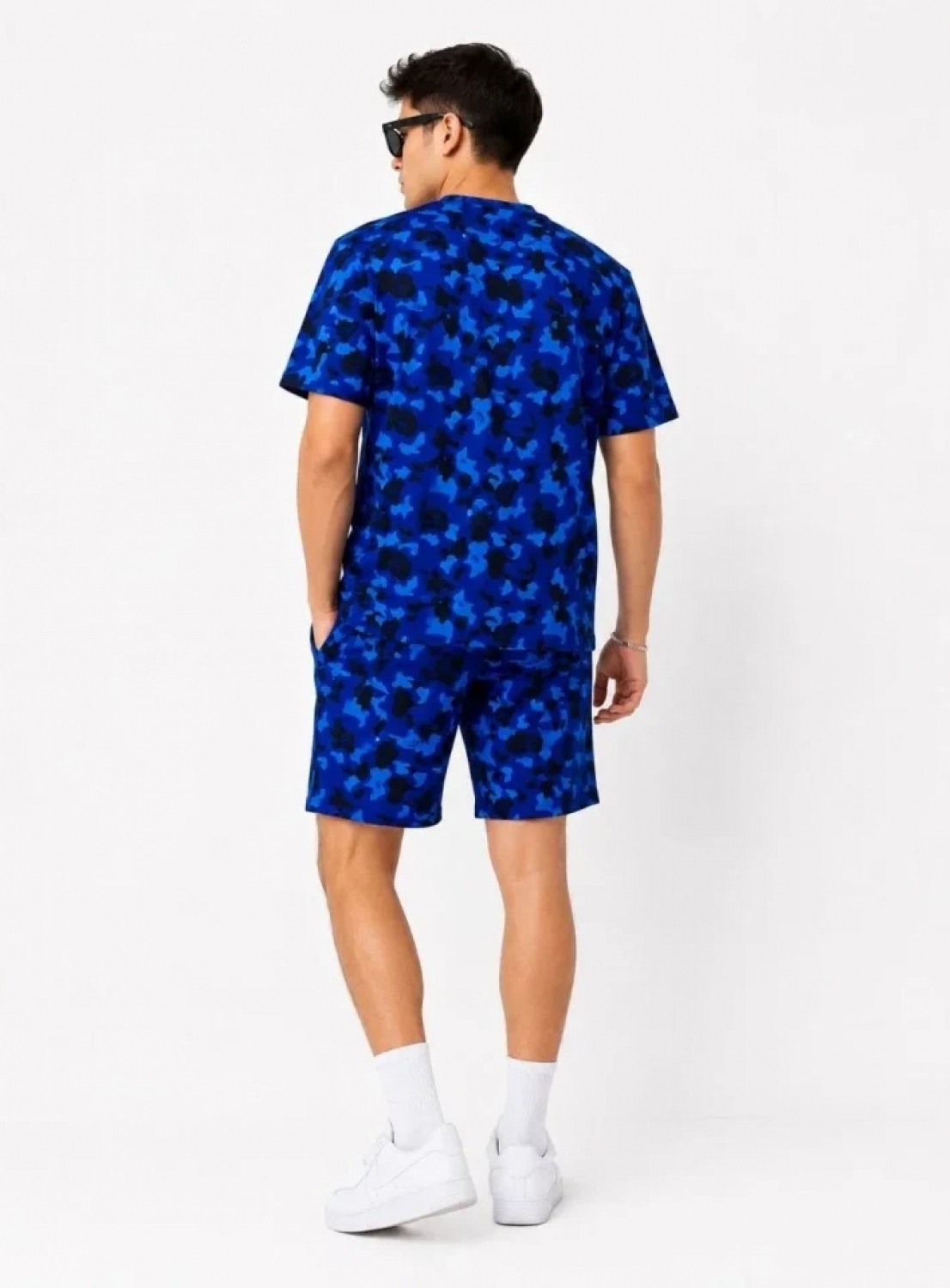 Pileli Store Erkek Oversize Kalıp Pubg Bape x Shark Nakışlı Cepli Şort Takım - Mavi görsel 2