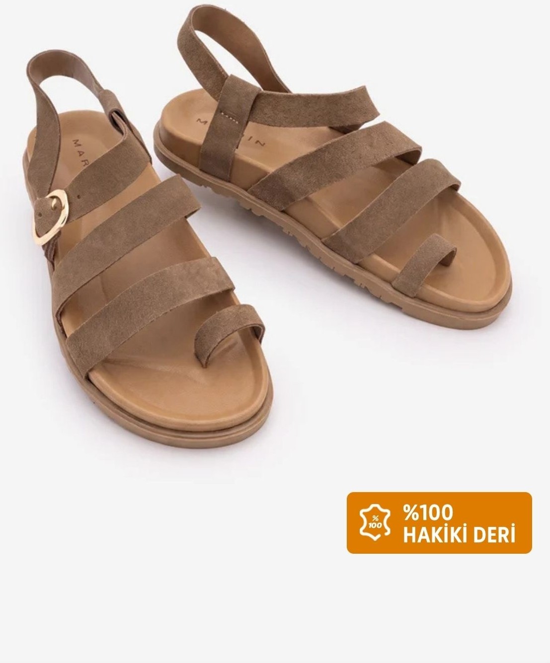 Marjin Kadın Hakiki Deri Parmak Arası Tokalı Şeritli Önü Açık Günlük Sandalet Rotela Bej Süet