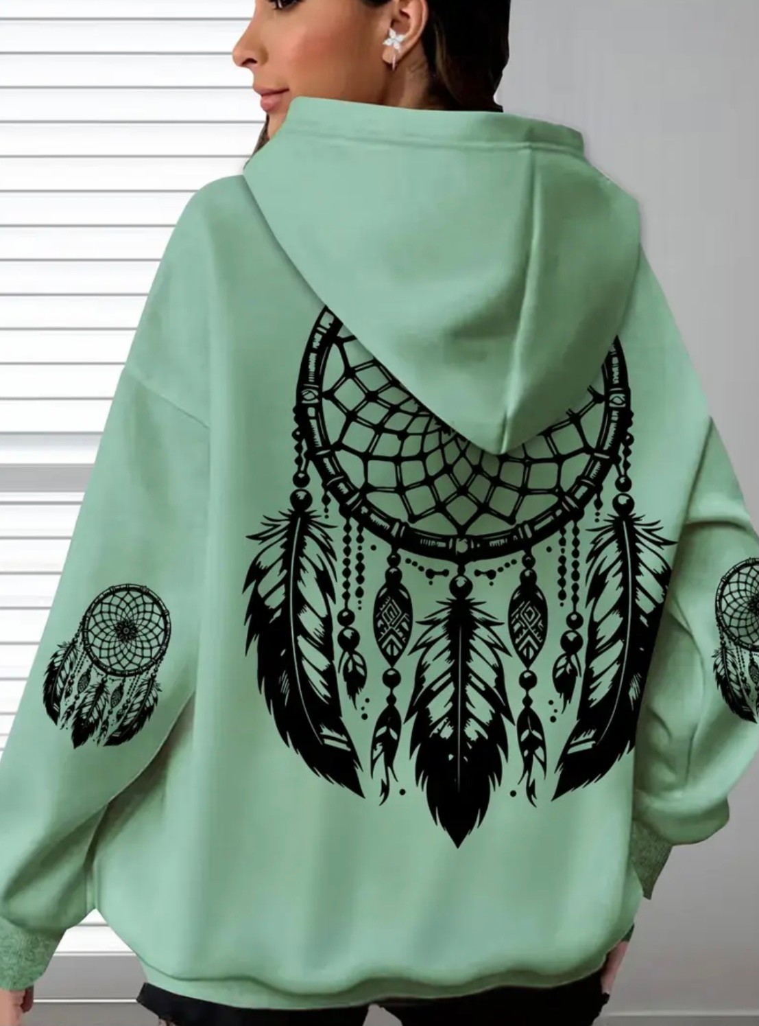 Amor Face Büyük Beden Özel Tasarım Kapüşonlu Şiva Tüyleri Sırt Baskılı Oversize %100 Pamuk Modern Kadın Sweatshırt