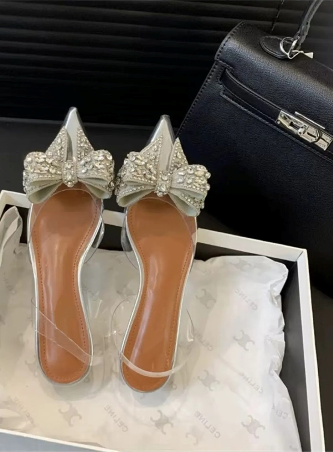 Trendy Anka Lady Princess Gümüş Nude 2cm Şeffaf Topuklu Kristal Fiyonk Taşlı Babet Düğün Nişan Abiye Ayakkabı