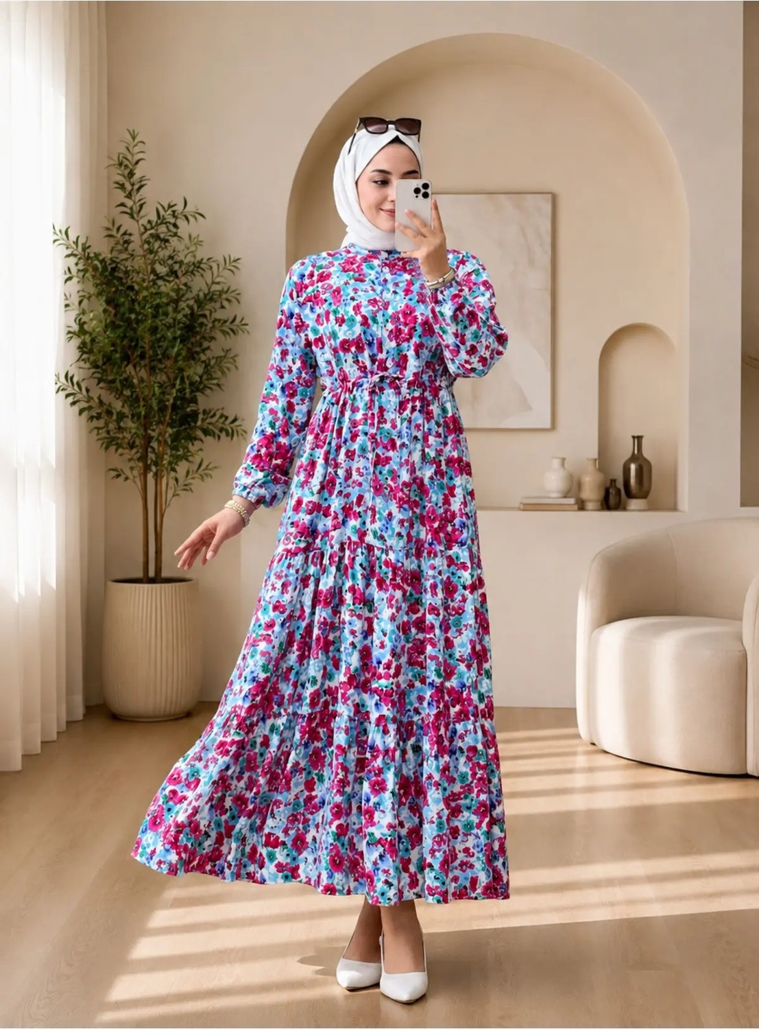 Hanedan Tesettür Hakim Yaka Yarım Düğmeli Beli Bağlamalı Çıtır Desenli Tesettür Viskon Elbise