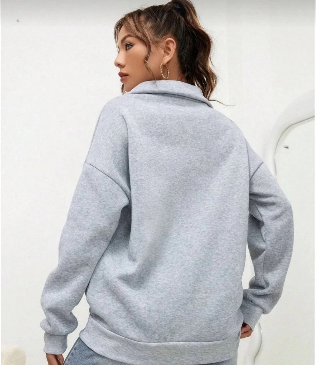 Tarz Yeri Kadın 3 Iplik Pamuklu Uzun Kol Yarım Farmuarlı Yakalı Sweatshirt - Gri görsel 3