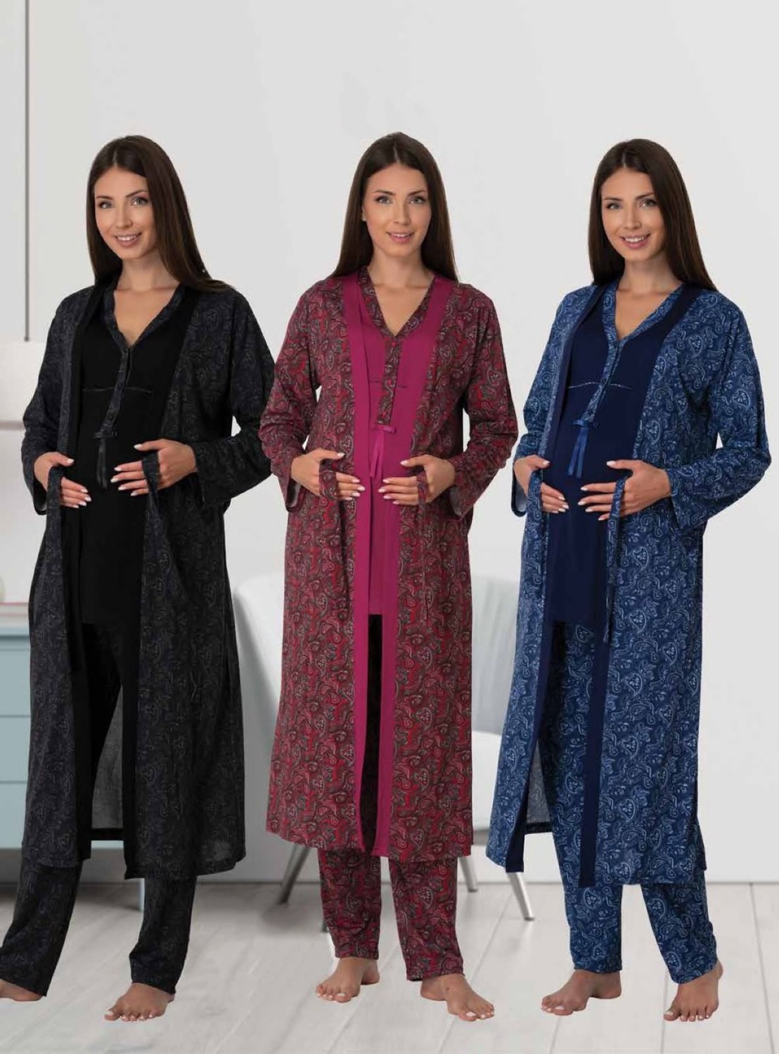 Effort Dvina Effortt Lohusa Desenli Sabahlıklı Pijama Takımı Lacivert - 8054