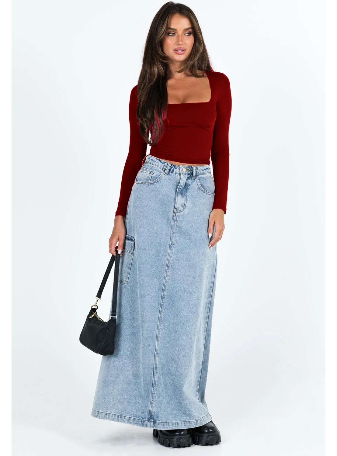 Fablair Kare Yaka Uzun Kollu Crop Bluz, Esnek Kumaş, Modern Stil görsel 3