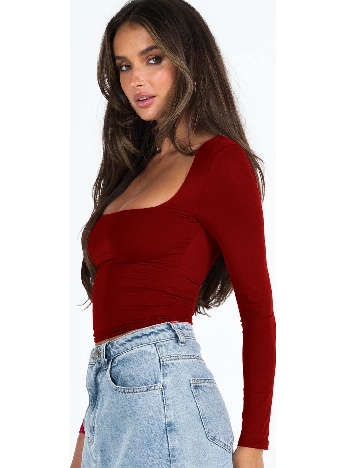 Fablair Kare Yaka Uzun Kollu Crop Bluz, Esnek Kumaş, Modern Stil görsel 5