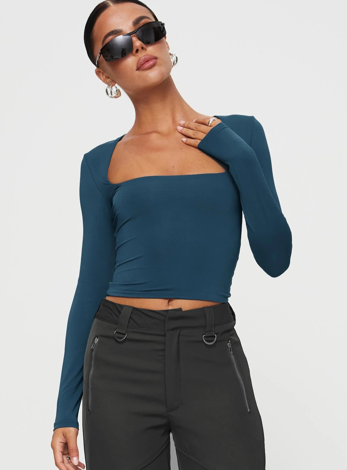 Fablair Kare Yaka Uzun Kollu Crop Bluz, Esnek Kumaş, Modern Stil
