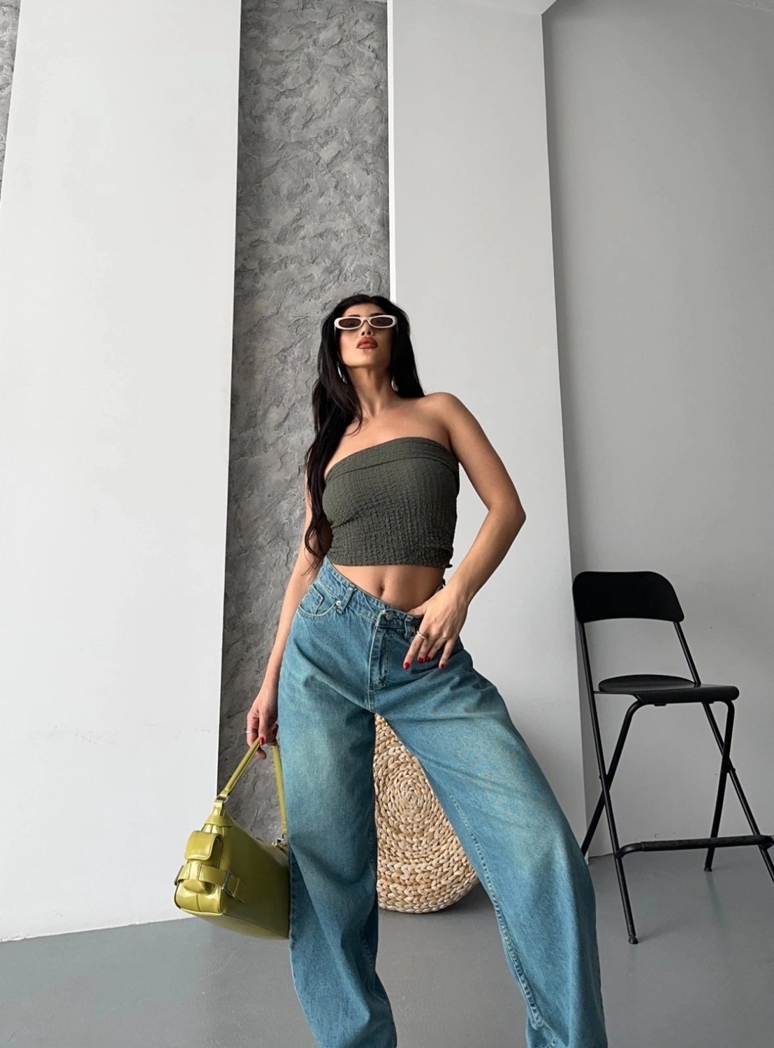 OEY Fashions Baggy Taş Enzim Bıyık Yıkama Jeans Pantolon Yeşil Tint D2007 görsel 5