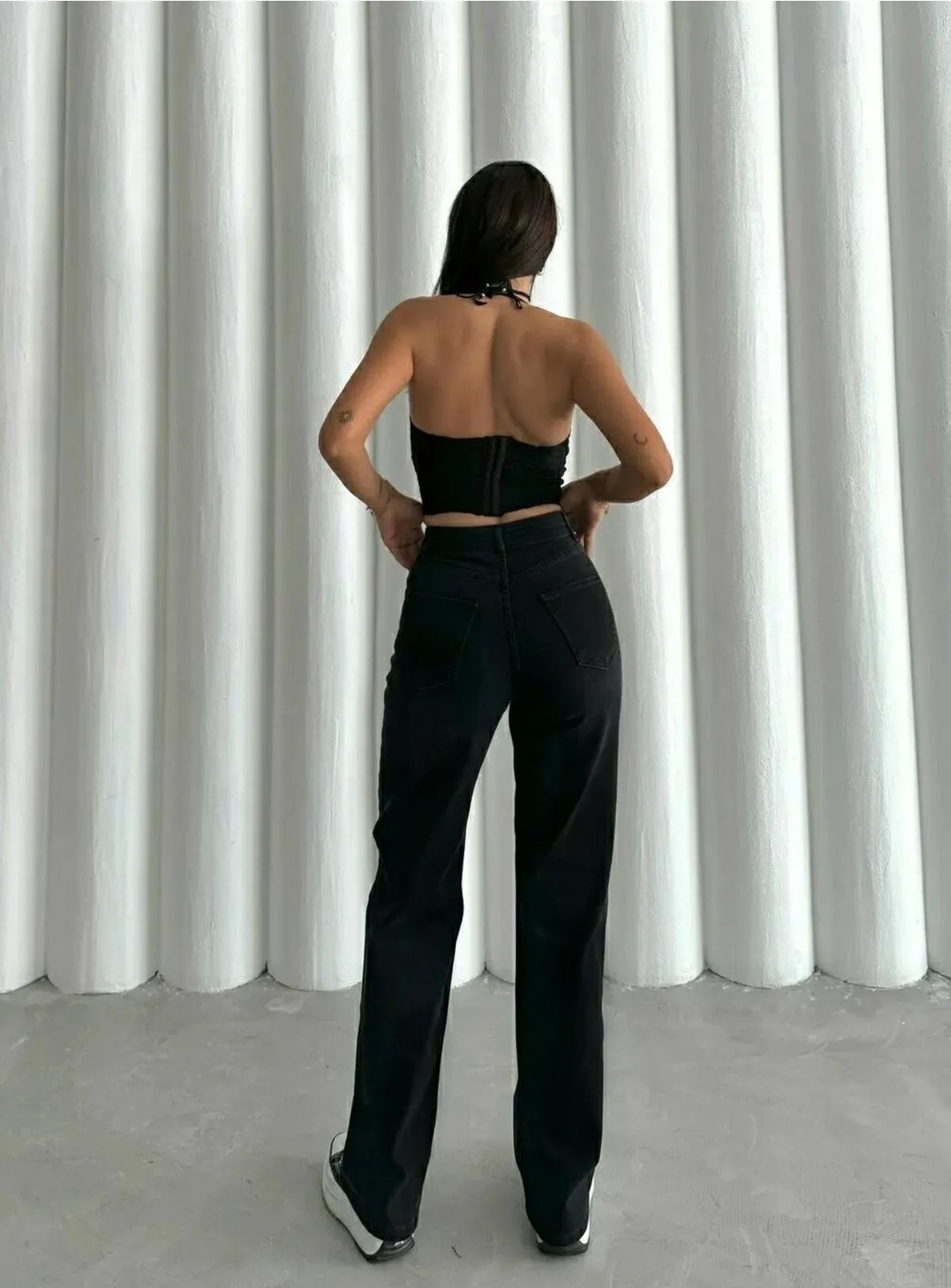 Ramrod Liza Kadın Siyah Likralı Süper Yüksek Bel Wide Leg Palazzo Pantolon Pamuk-Elastan görsel 6