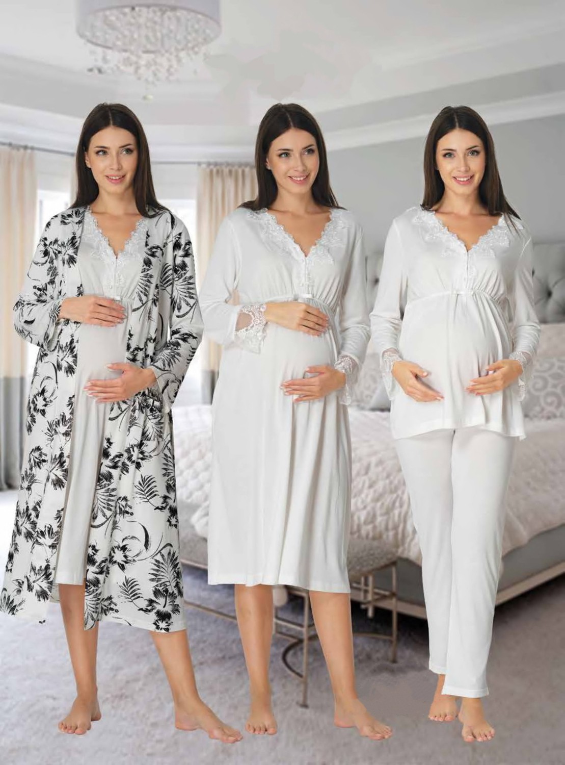 Effort Dvina Effortt Lohusa 4'lü Set - Sabahlık/pijama Takımı/gecelik Ekru - 8096