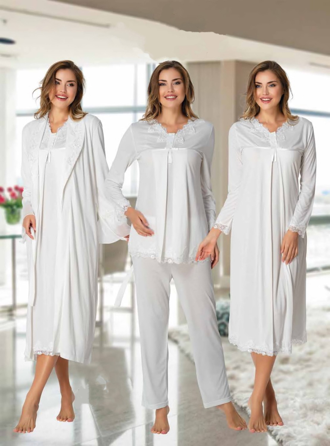 Effort Dvina Effortt Lohusa 4'lü Set - Sabahlık/pijama Takımı/gecelik Ekru - 7036 görsel 2