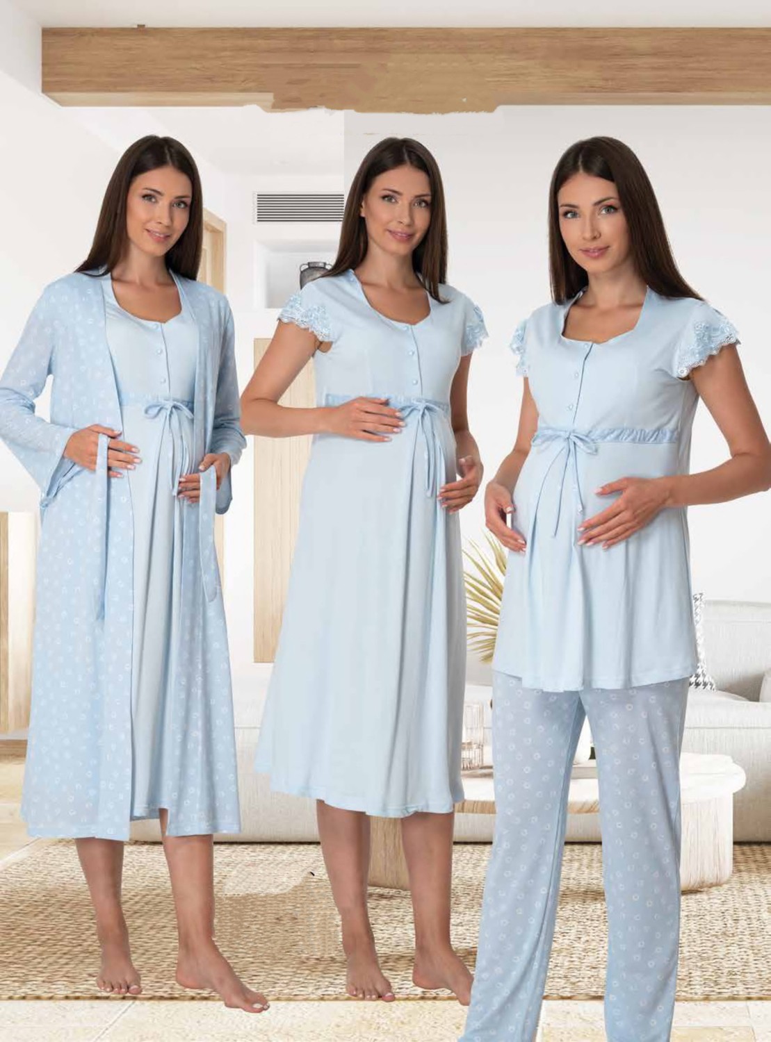 Effort Dvina Effortt Lohusa 4'lü Set - Sabahlık/pijama Takımı/gecelik Pudra - 6016
