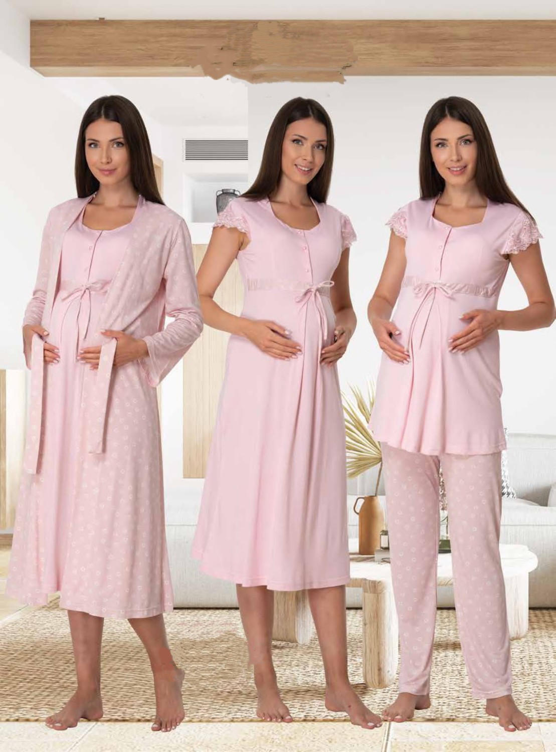 Effort Dvina Effortt Lohusa 4'lü Set - Sabahlık/pijama Takımı/gecelik Pudra - 6016 görsel 2