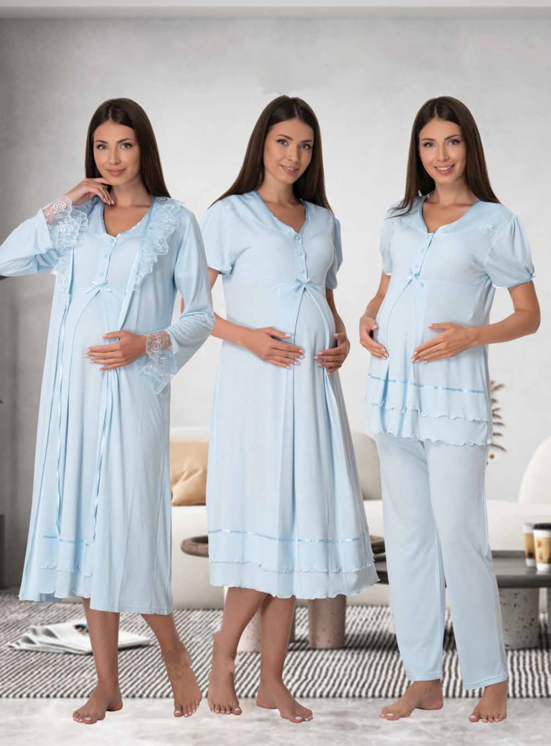 Effort t Dvina Ekru Lohusa 4'lü Set - Sabahlık Pijama Takımı %80 Pamuk 8026 Rahat Kesim görsel 2