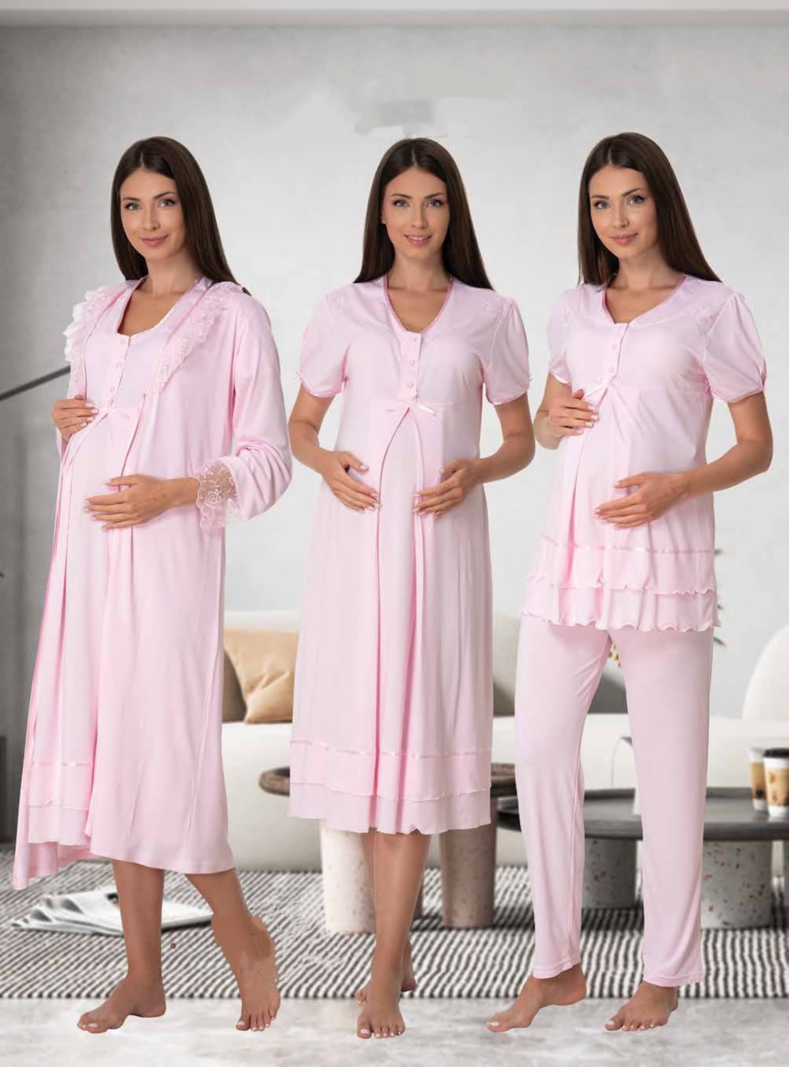 Effort t Dvina Ekru Lohusa 4'lü Set - Sabahlık Pijama Takımı %80 Pamuk 8026 Rahat Kesim görsel 4