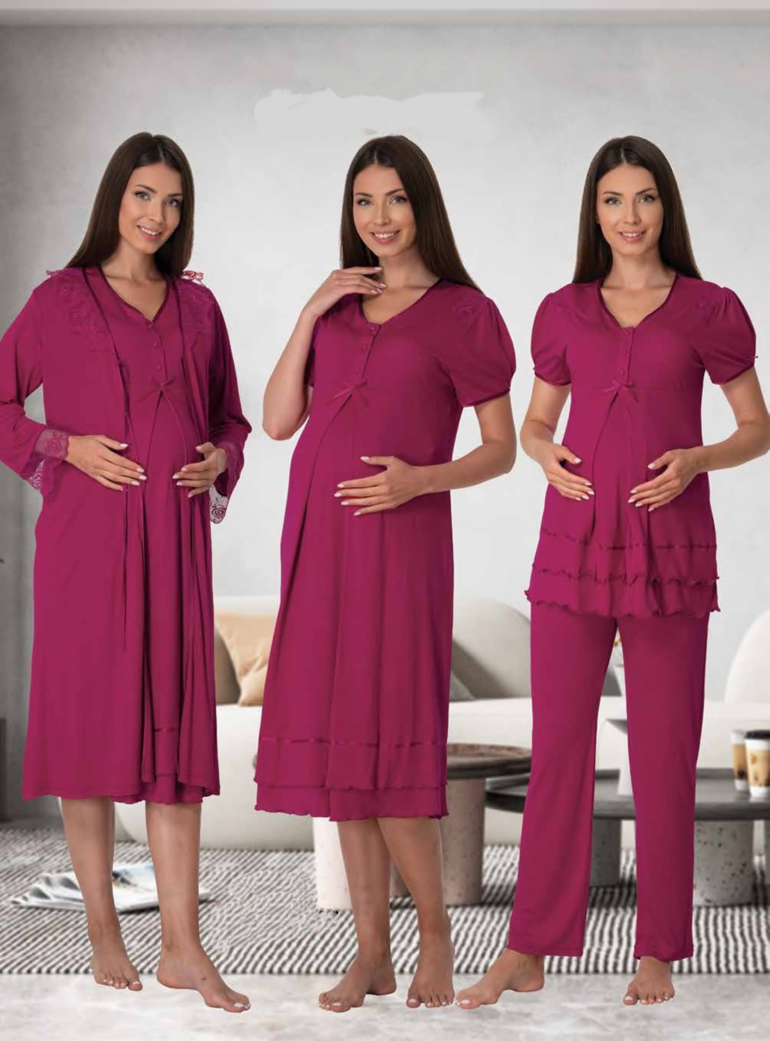 Effort t Dvina Ekru Lohusa 4'lü Set - Sabahlık Pijama Takımı %80 Pamuk 8026 Rahat Kesim görsel 5
