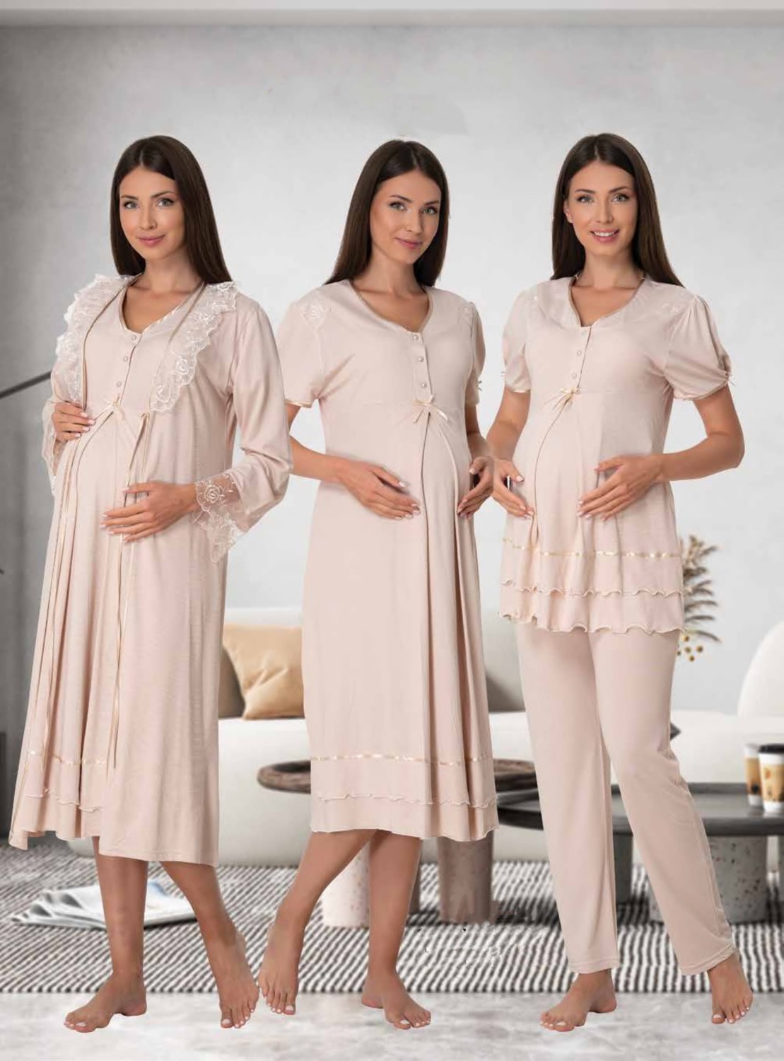 Effort t Dvina Ekru Lohusa 4'lü Set - Sabahlık Pijama Takımı %80 Pamuk 8026 Rahat Kesim