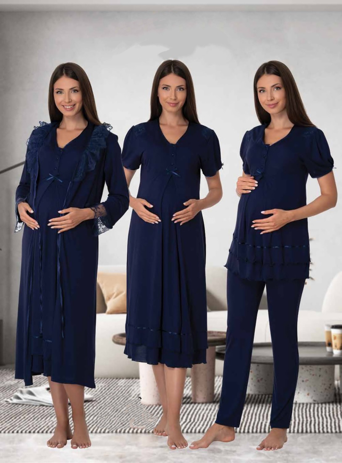 Effort t Dvina Ekru Lohusa 4'lü Set - Sabahlık Pijama Takımı %80 Pamuk 8026 Rahat Kesim görsel 6