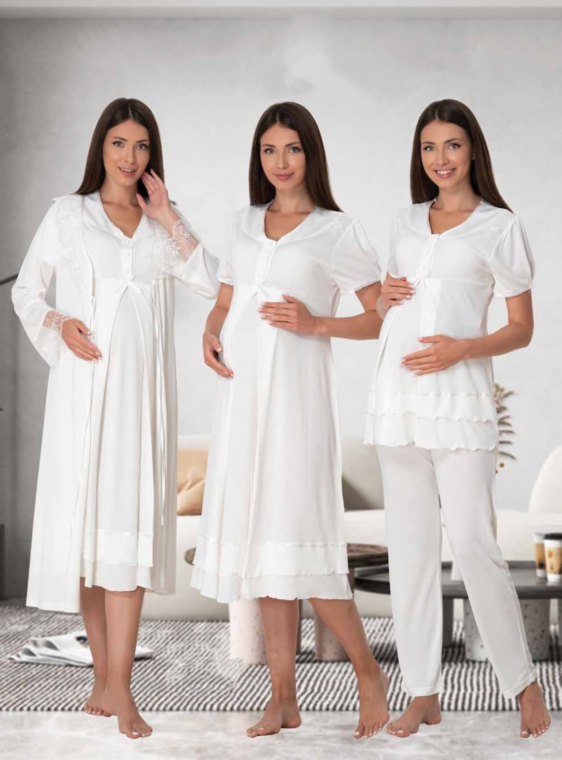 Effort Dvina Effortt Lohusa 4'lü Set - Sabahlık/pijama Takımı/gecelik Ekru - 8026