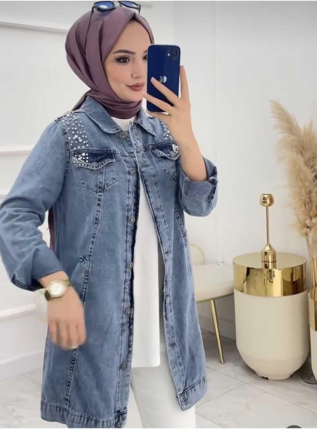 Harman Butik Kadın Taşlı Kot Ceket Mavi Dokuma Kumaş Normal Kalıp Günlük Tarz Cepli görsel 2