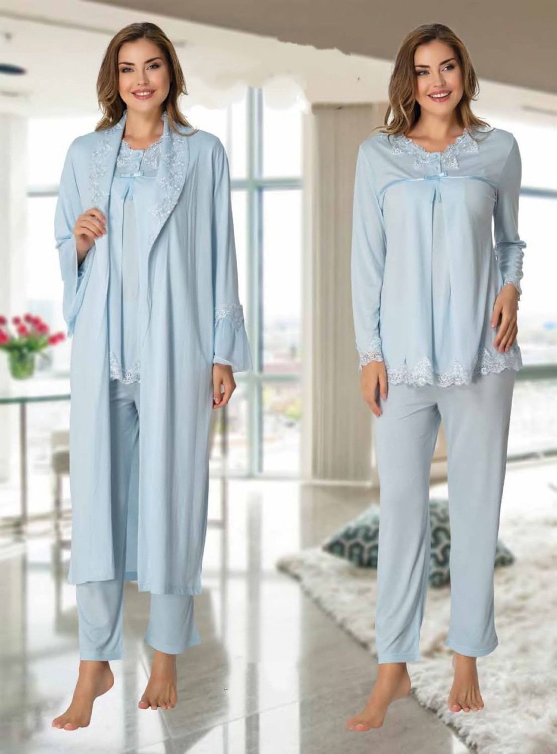 Effort Dvina Effortt Lohusa Sabahlıklı Pijama Takımı Mavi - 7034 görsel 3