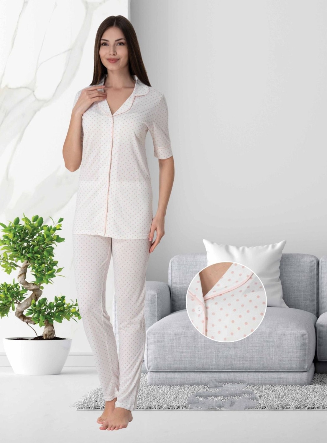 Effort Dvina Effortt Lohusa Puantiyeli Pijama Takımı Pembe - 5062