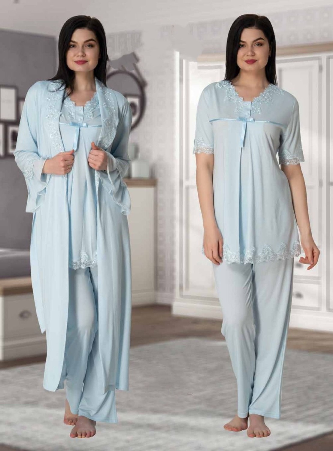 Effort Dvina Effortt Lohusa Dantelli Sabahlıklı Pijama Takımı Mavi - 5034