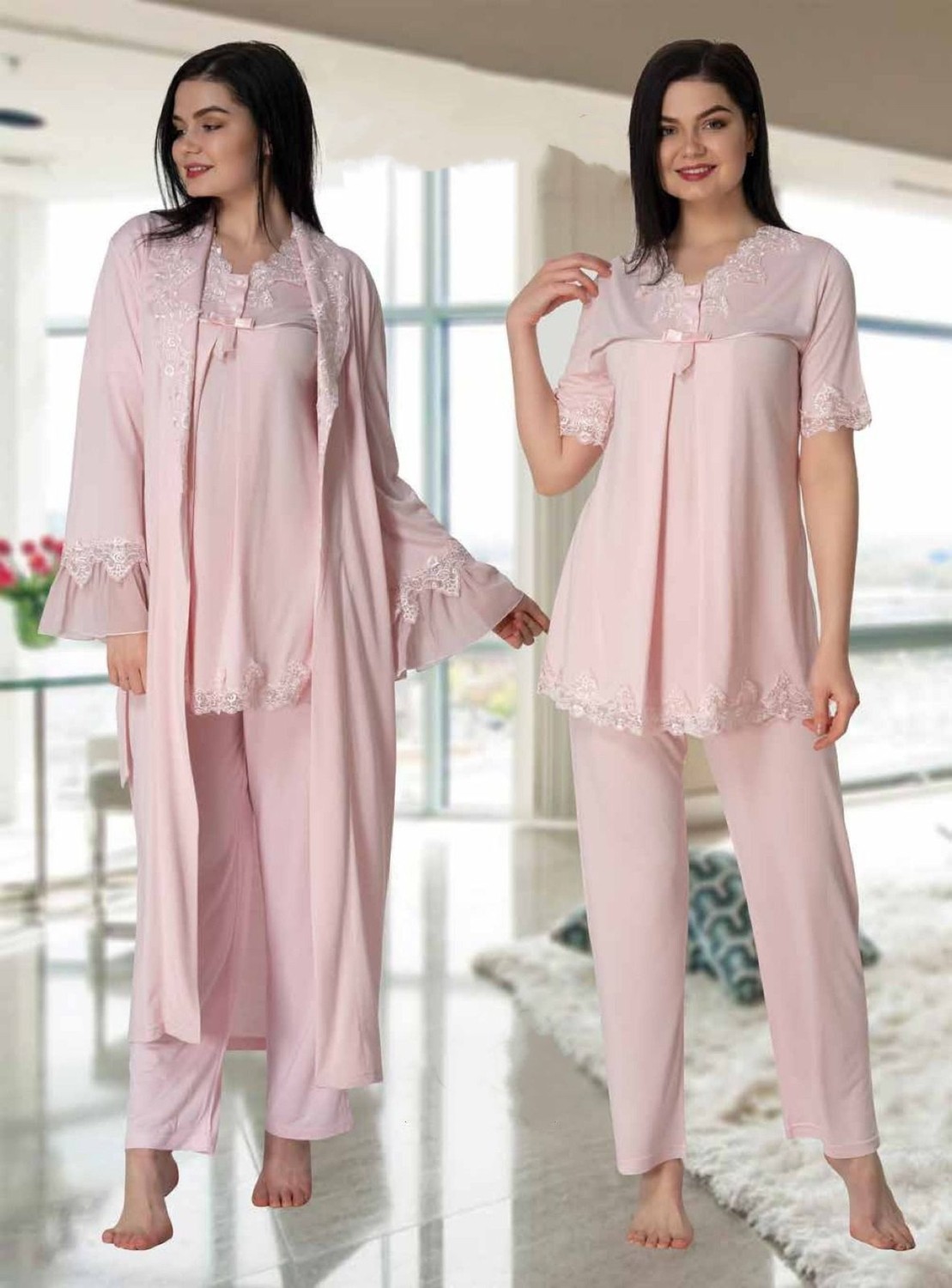 Effort Dvina Effortt Lohusa Dantelli Sabahlıklı Pijama Takımı Mavi - 5034 görsel 2