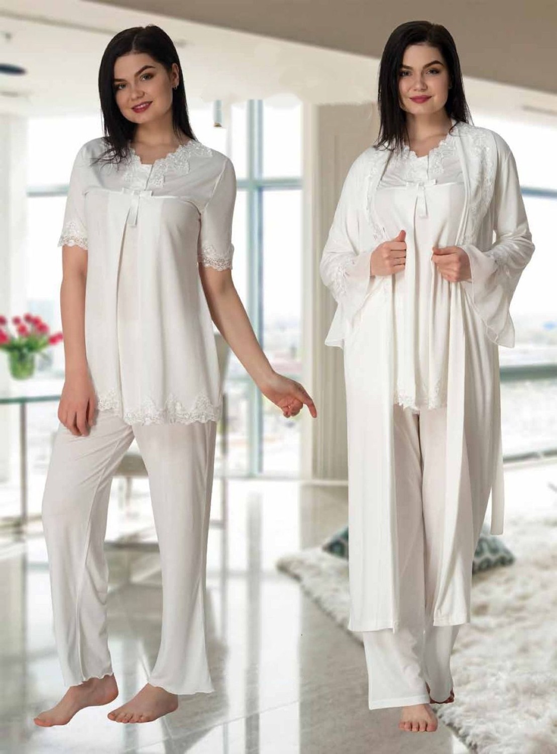 Effort Dvina Effortt Lohusa Dantelli Sabahlıklı Pijama Takımı Mavi - 5034 görsel 3