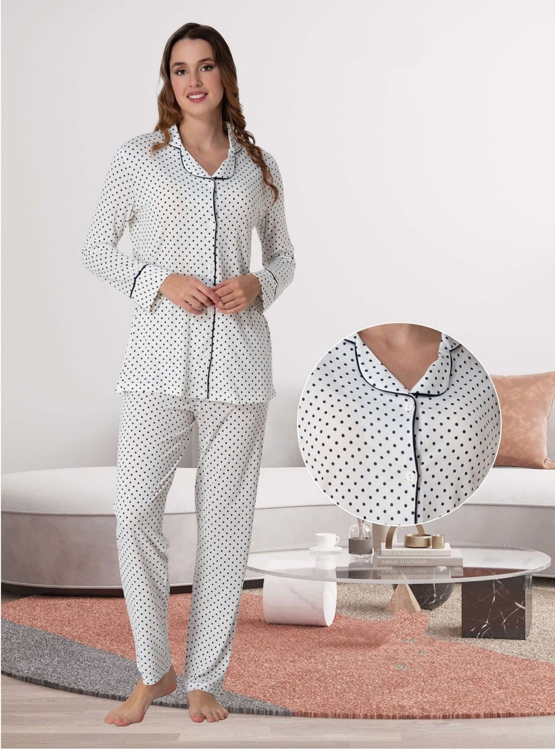 Effort Dvina Effortt Lohusa Beyaz Puantiyeli Pijama Takımı Siyah - 6018 görsel 2