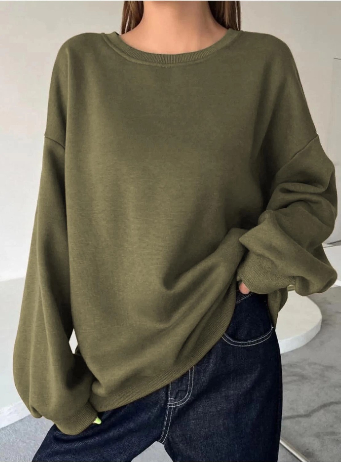 Beruflic Kadın Düz Bisiklet Yaka 3 Iplik Sweatshirt - Yeşil görsel 2
