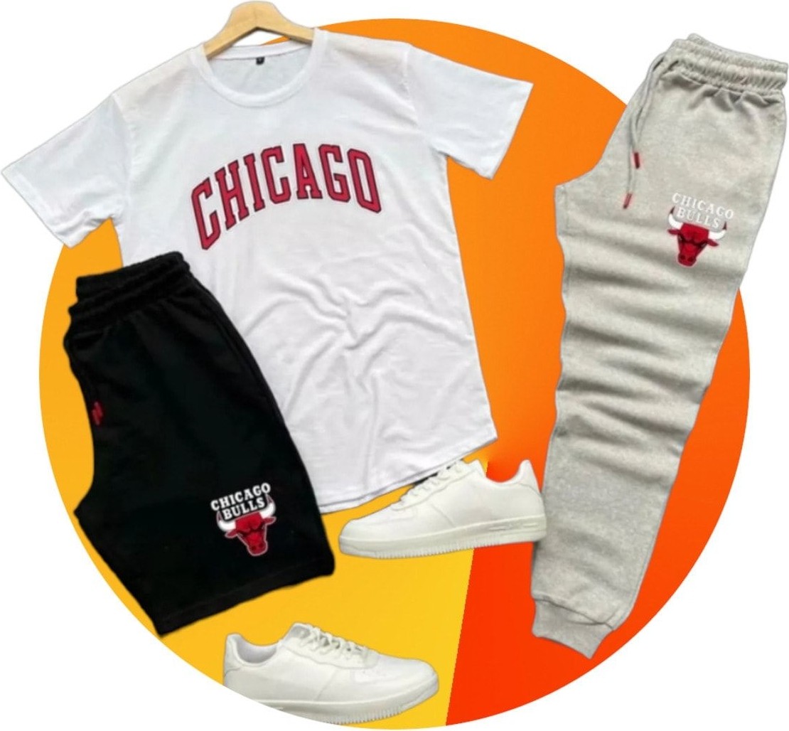 Yoho Sport Chicago Baskılı Ünisex Yazlık Şort T-Shirt Eşofman Altı 3 Lü Set Combin Takım Gri