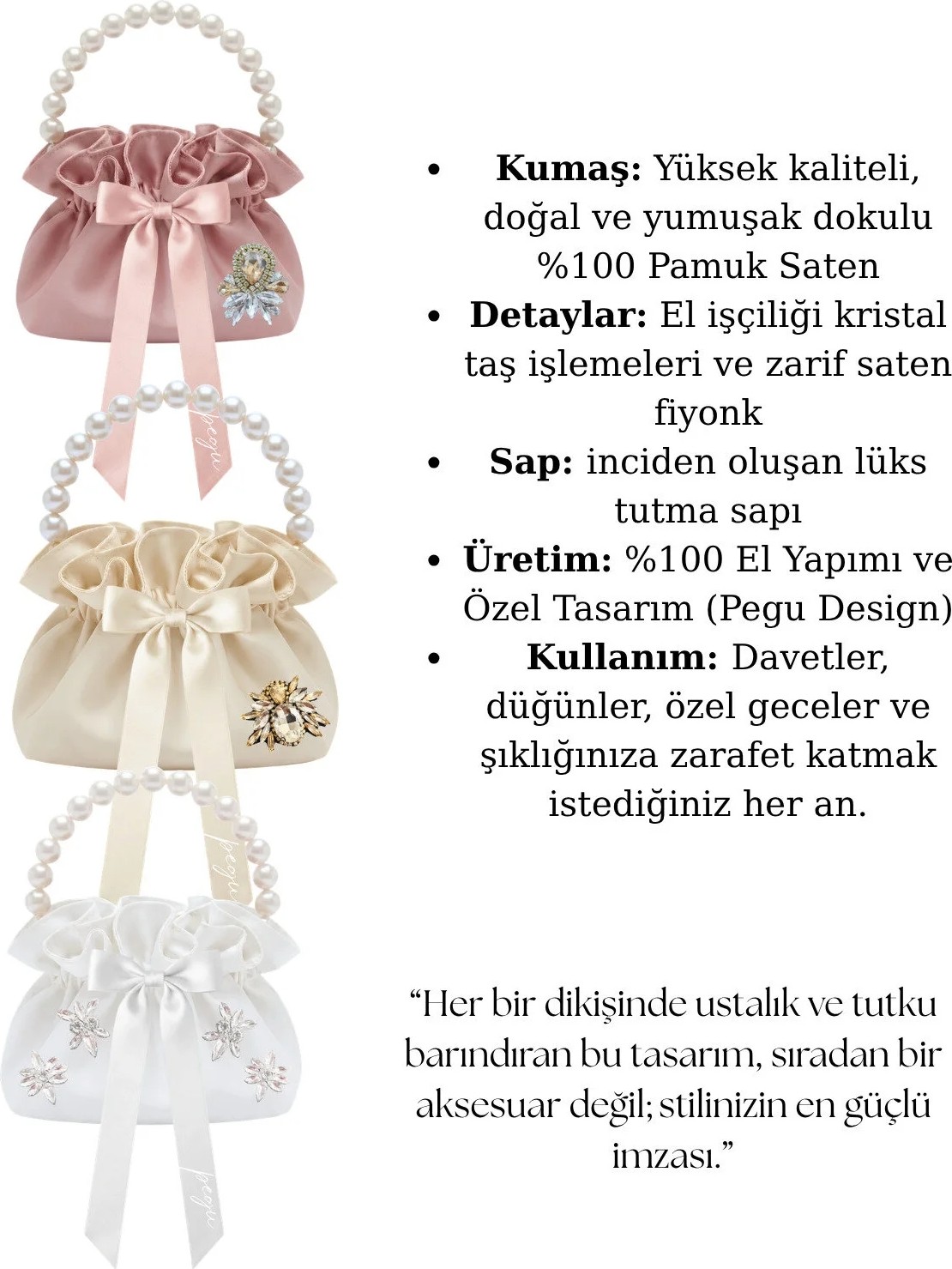 Pegu Pudra Pembe Pamuk Saten Çanta,kristal Cam Taş Süslemeli Inci Saplı Saten Büzgü Günlük / Abiye /davet / Kutlama görsel 3
