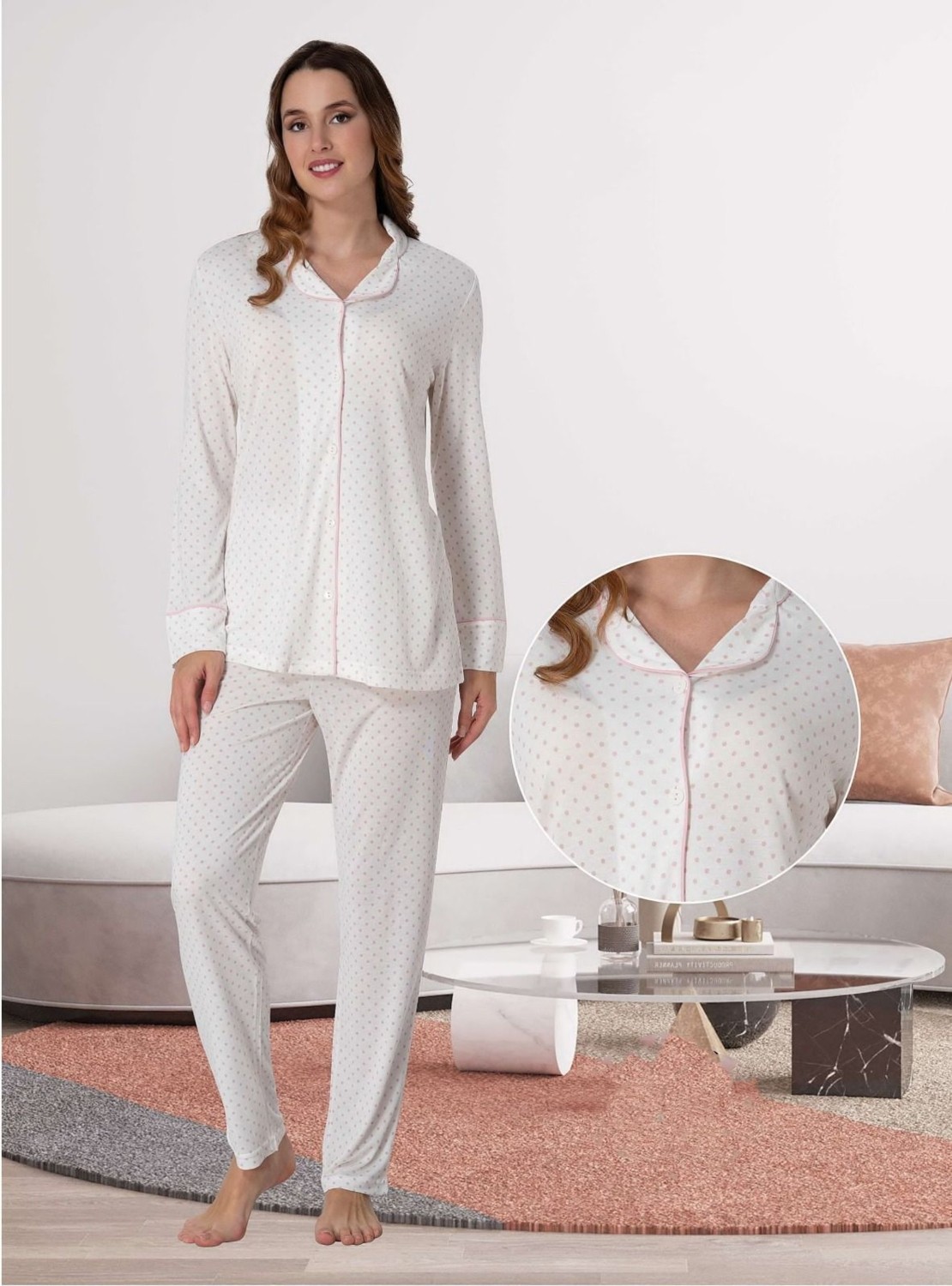 Effort Dvina Effortt Lohusa Beyaz Puantiyeli Pijama Takımı Siyah - 6018