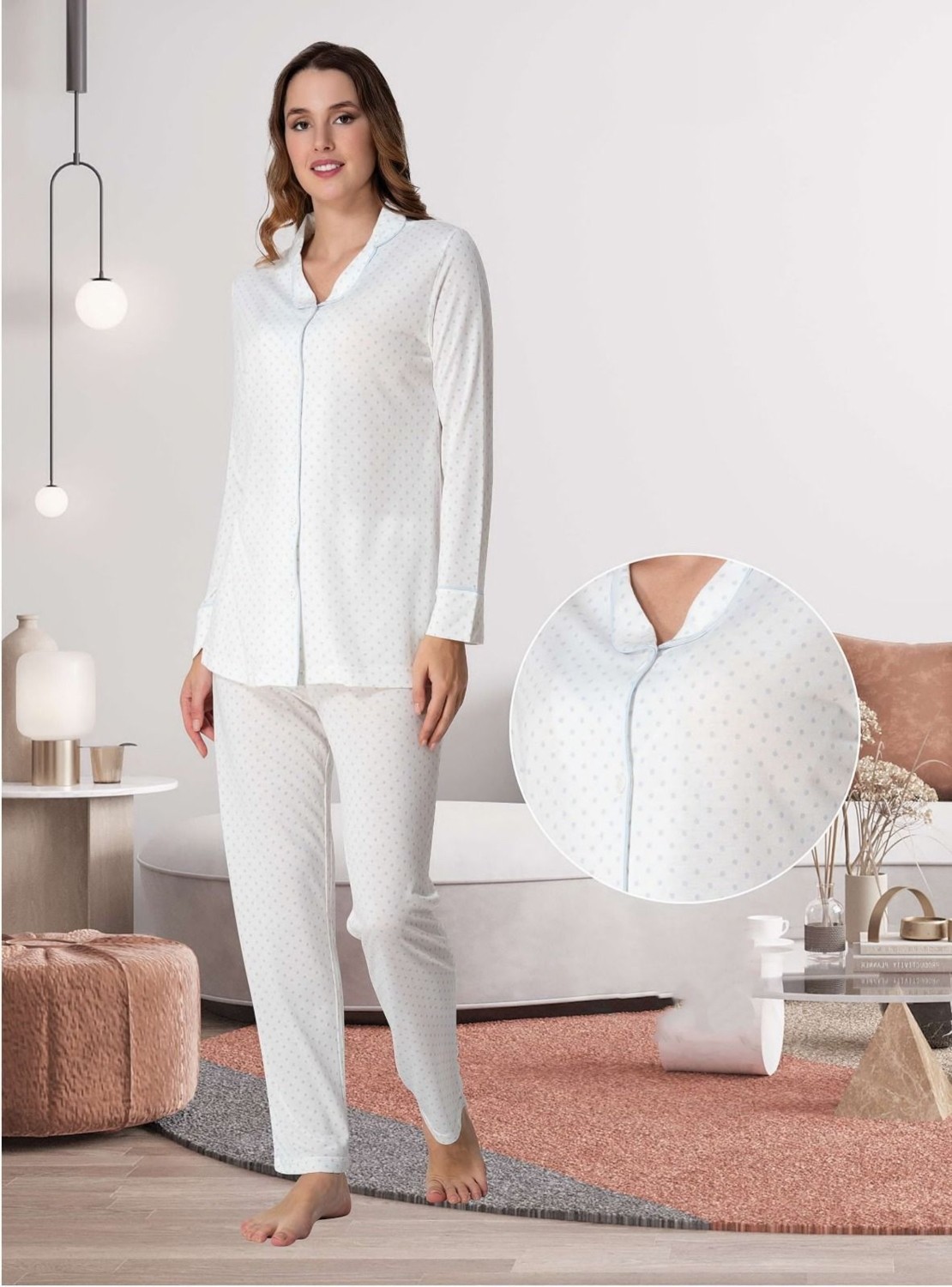 Effort Dvina Effortt Lohusa Beyaz Puantiyeli Pijama Takımı Siyah - 6018 görsel 4