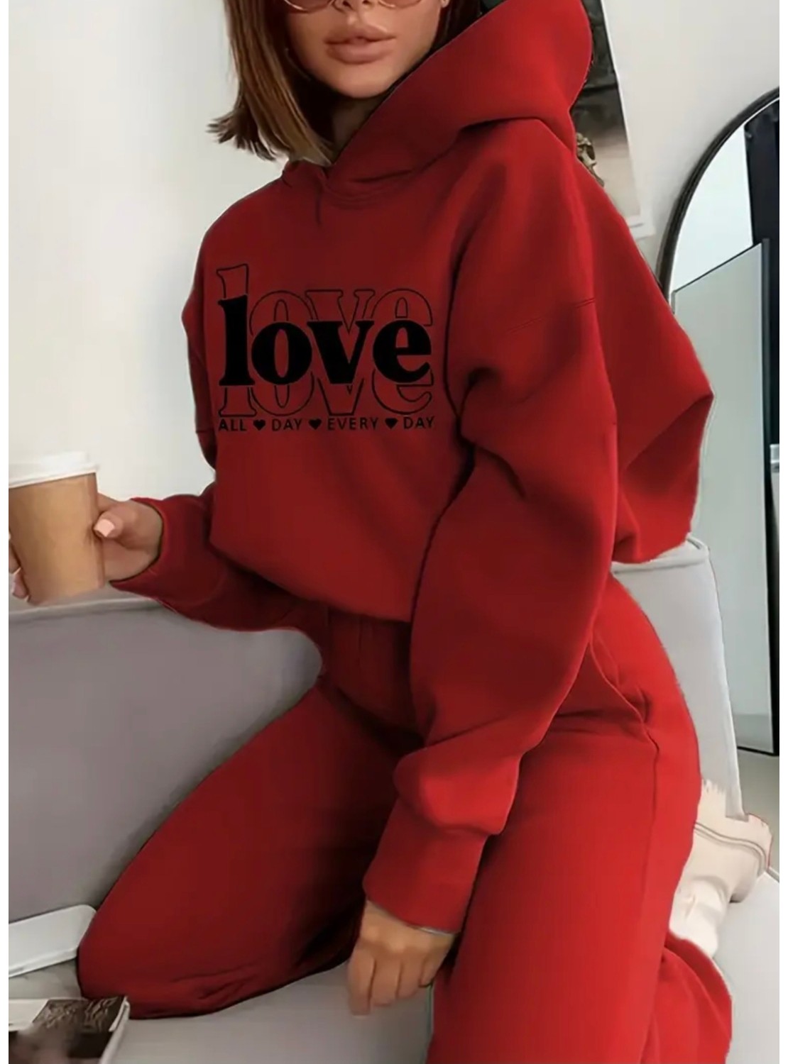 Punix Punıx Büyük Beden Özel Seri Kapüşonlu Love Baskılı %100 Pamuk Oversize Kışlık Kadın Eşofman Takımı görsel 4