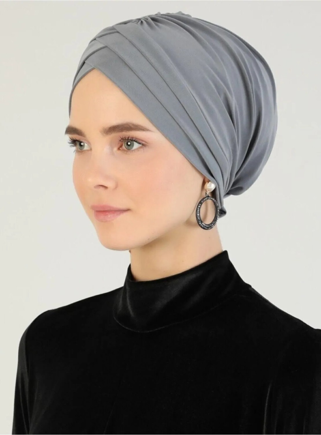 Mervin Şal Çapraz Üç Bantlı Hazır Türban Polyester Gri görsel 4