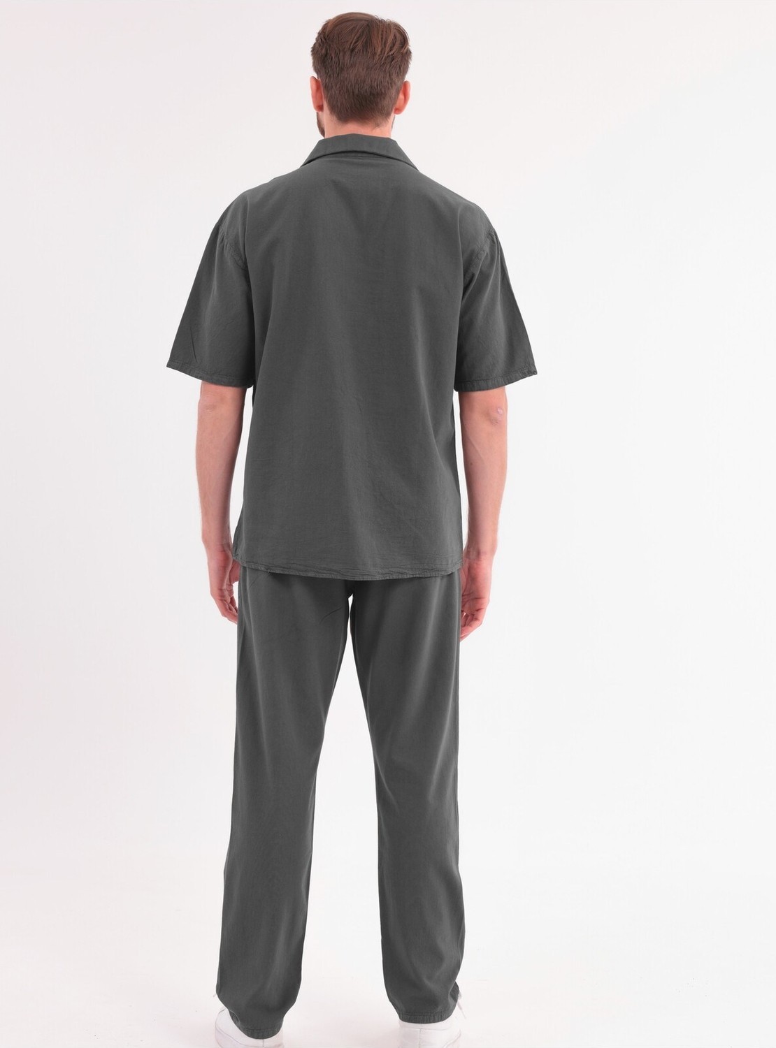 Blayn Jeans Erkek Haki Keten Takım Oversize Gömlek & Pantolon 2'li Set Bağcıklı Rahat Yazlık Kombin görsel 8