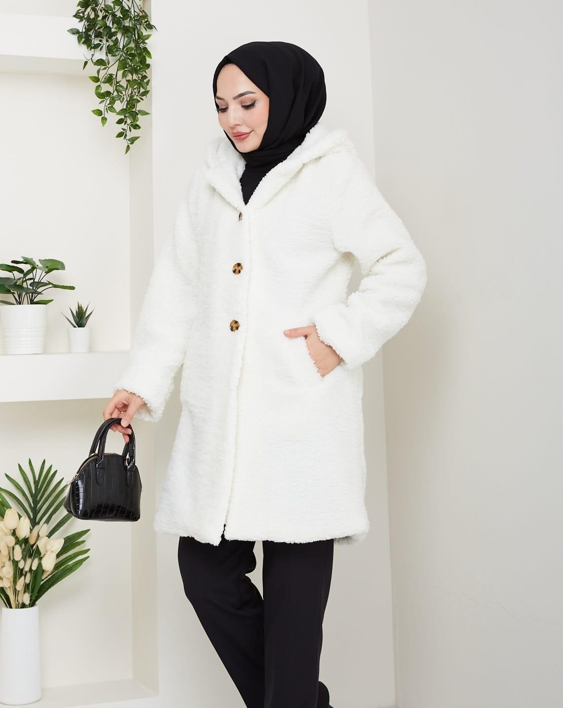 Harma Time Butik Kadın Kürk Kumaş Astarlı Düğmeli Kapüşonlu Beyaz Kaban görsel 6