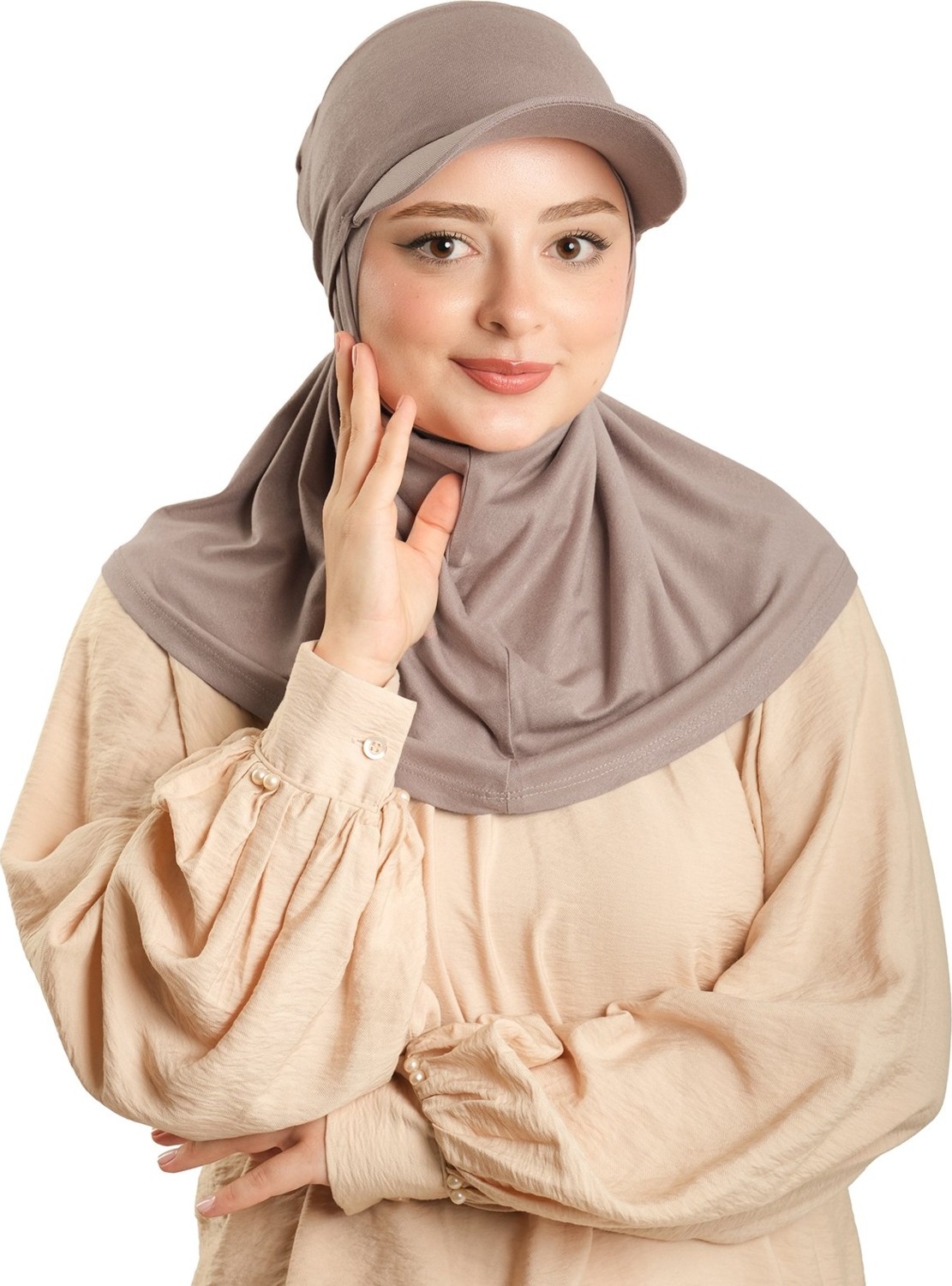 Hürrem Bone Krem Pratik Hazır Geçmeli Şapkalı Tesettür Eşarp Viskon Düz 2513_40