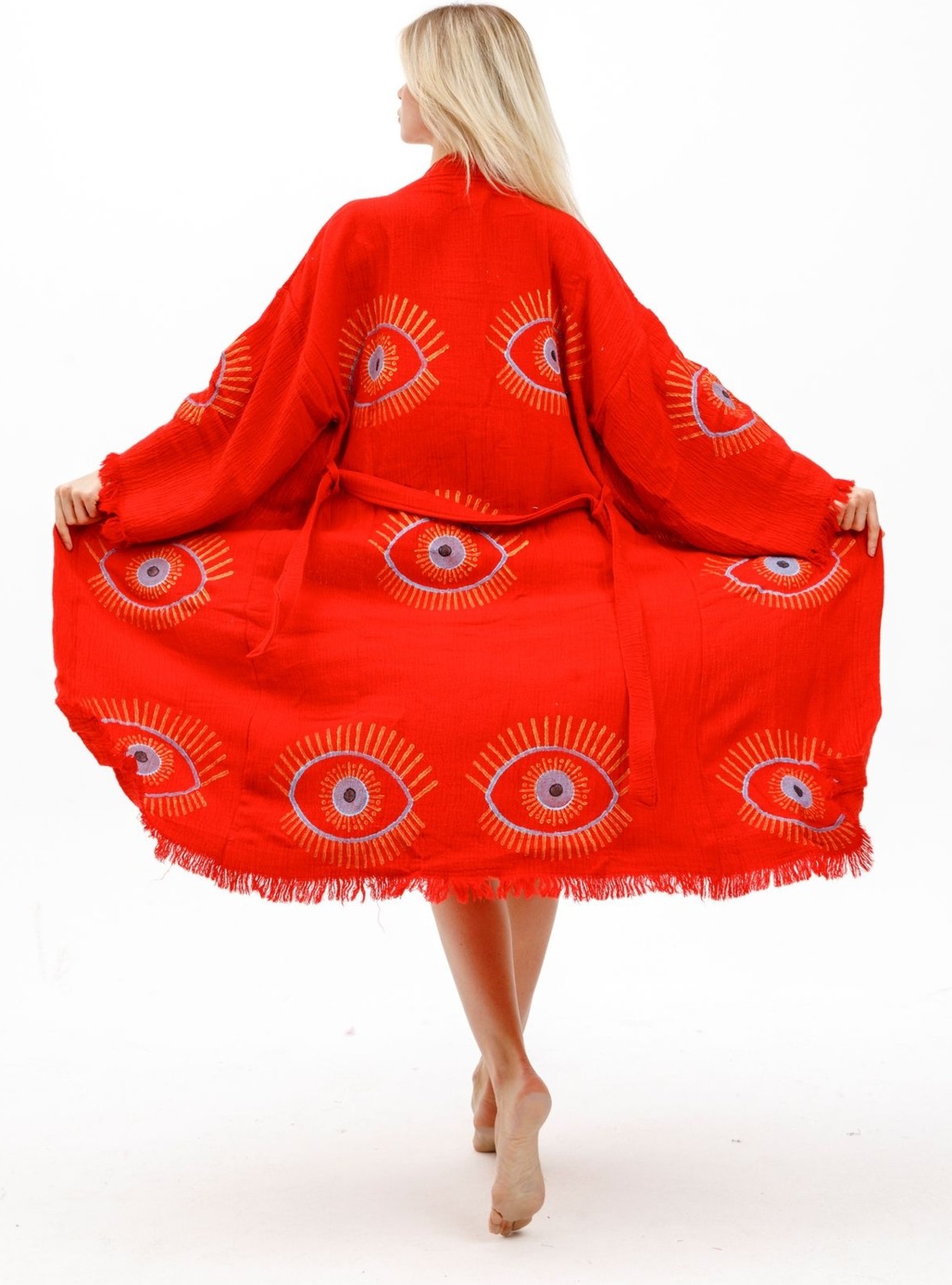 Befera Design Müslin Kimono %100 Pamuklu Göz Baskılı Desenli Bornoz Kaftan Sabahlık görsel 3