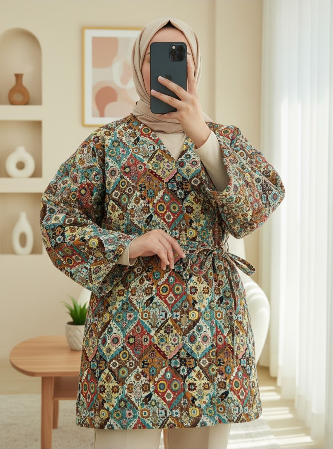 Moda Morfo Beli Bağlamalı Cepli Desenli Astarlı Kapitone Kimono -Bej