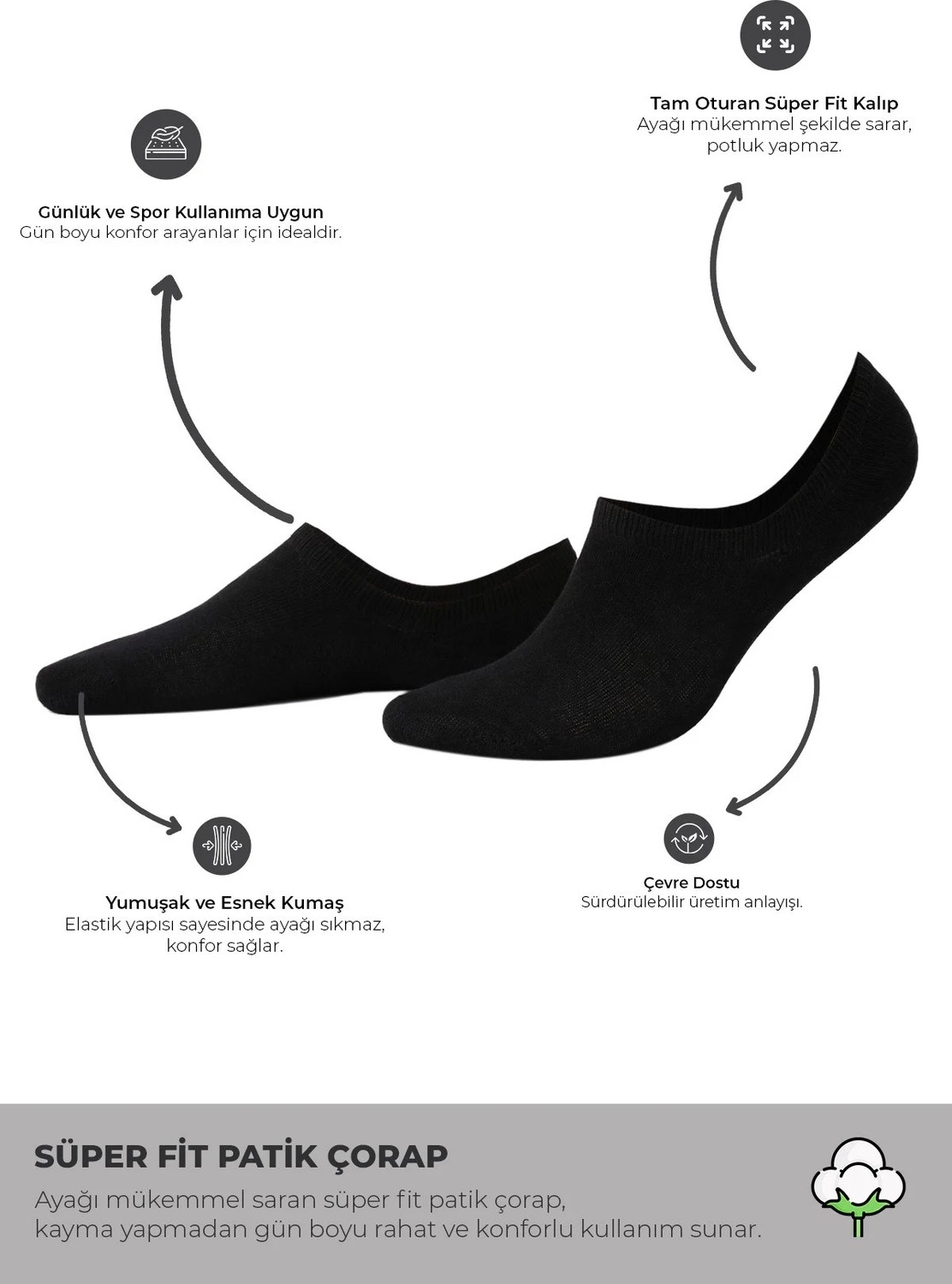 Mısırlı Unisex Pamuklu Süper Fit 4 Çift Sneaker Çorap Siyah görsel 4