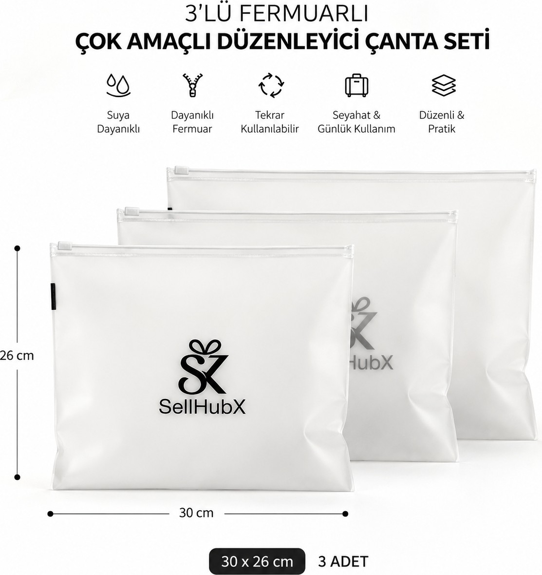 SellHubX 3'lü Fermuarlı Çok Amaçlı Düzenleyici Çanta Seti (30 x 26 Cm), Seyahat, Plaj, Valiz ve Günlük Kullanım Için Şeffaf Organizer görsel 3