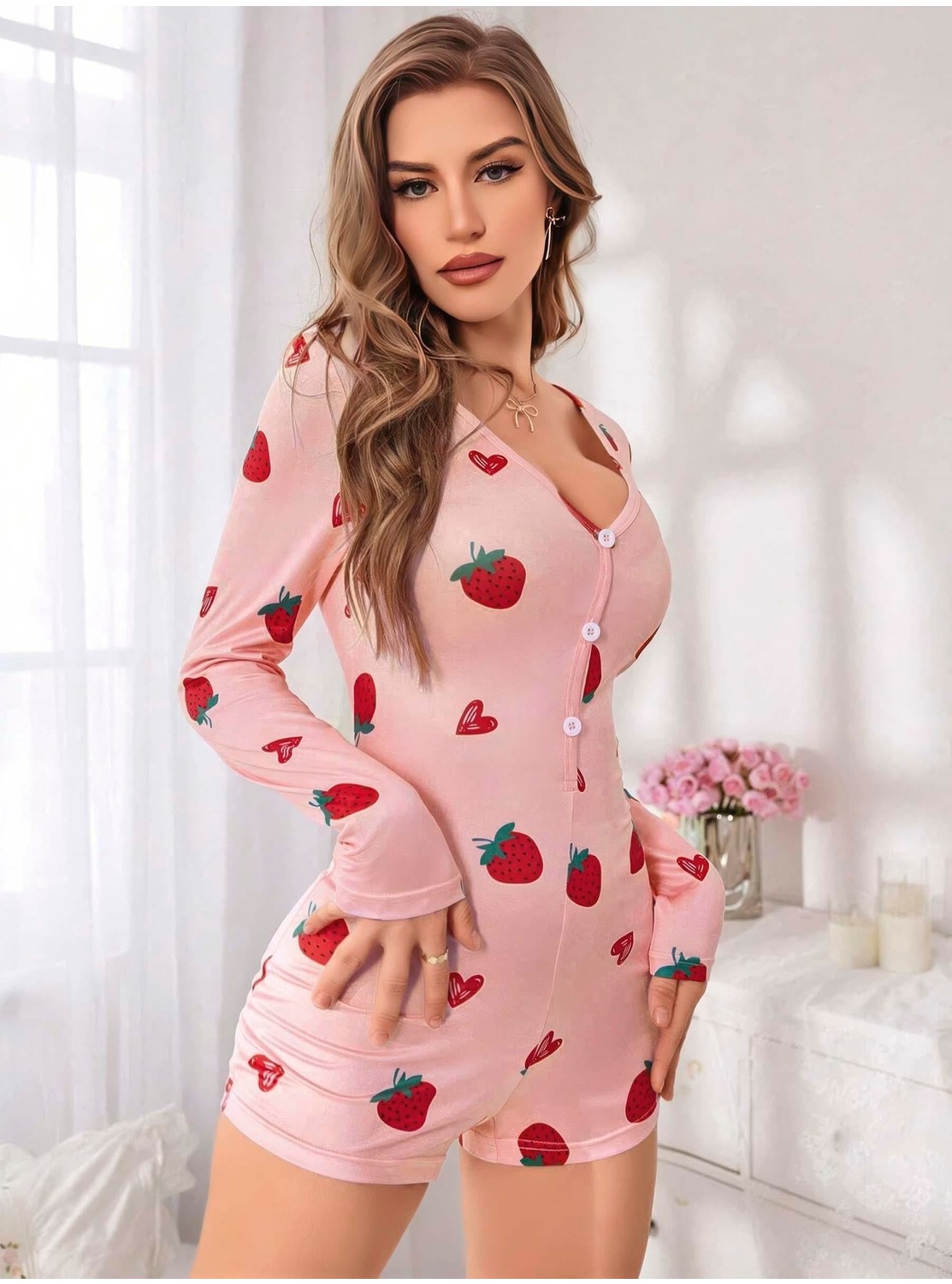 Kadın Pembe Çilek Desenli Pijama Tulumu 5125 görsel 2
