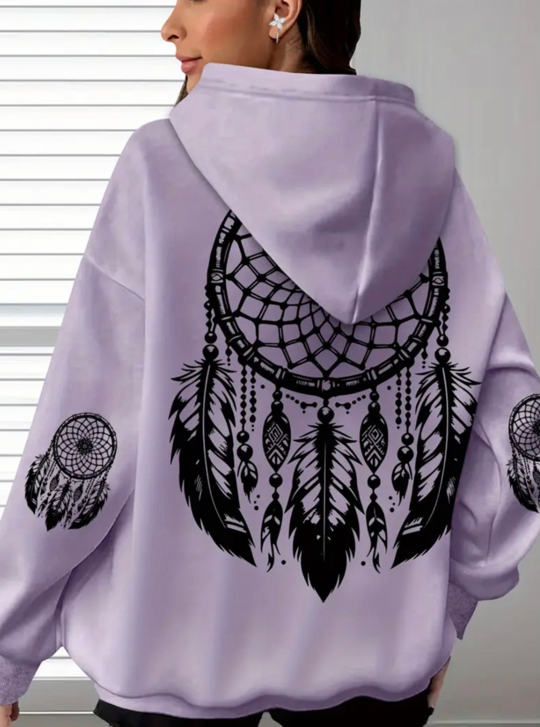 Amor Face Büyük Beden Özel Tasarım Kapüşonlu Şiva Tüyleri Sırt Baskılı Oversize %100 Pamuk Modern Kadın Sweatshırt