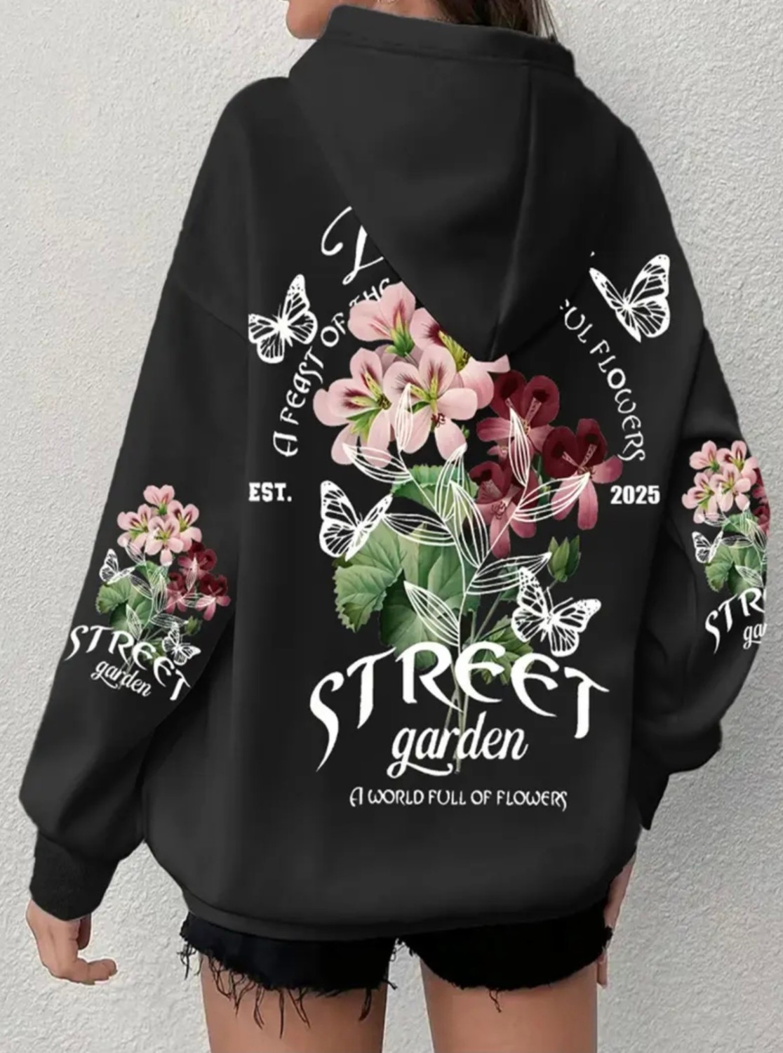 Amor Face Büyük Beden Özel Tasarım Kapüşonlu Street Garden Sırt Baskılı Oversize Kadın Sweatshırt görsel 4
