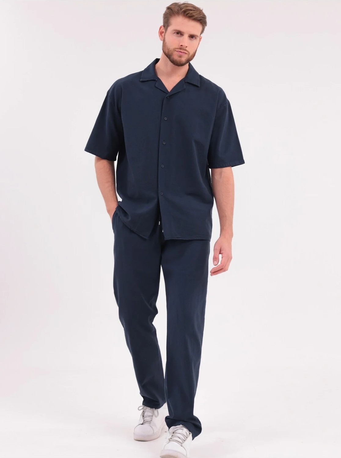 Blayn Jeans Erkek Lacivert Keten Takım Oversize Gömlek & Pantolon 2'li Set Bağcıklı Rahat Yazlık Kombin